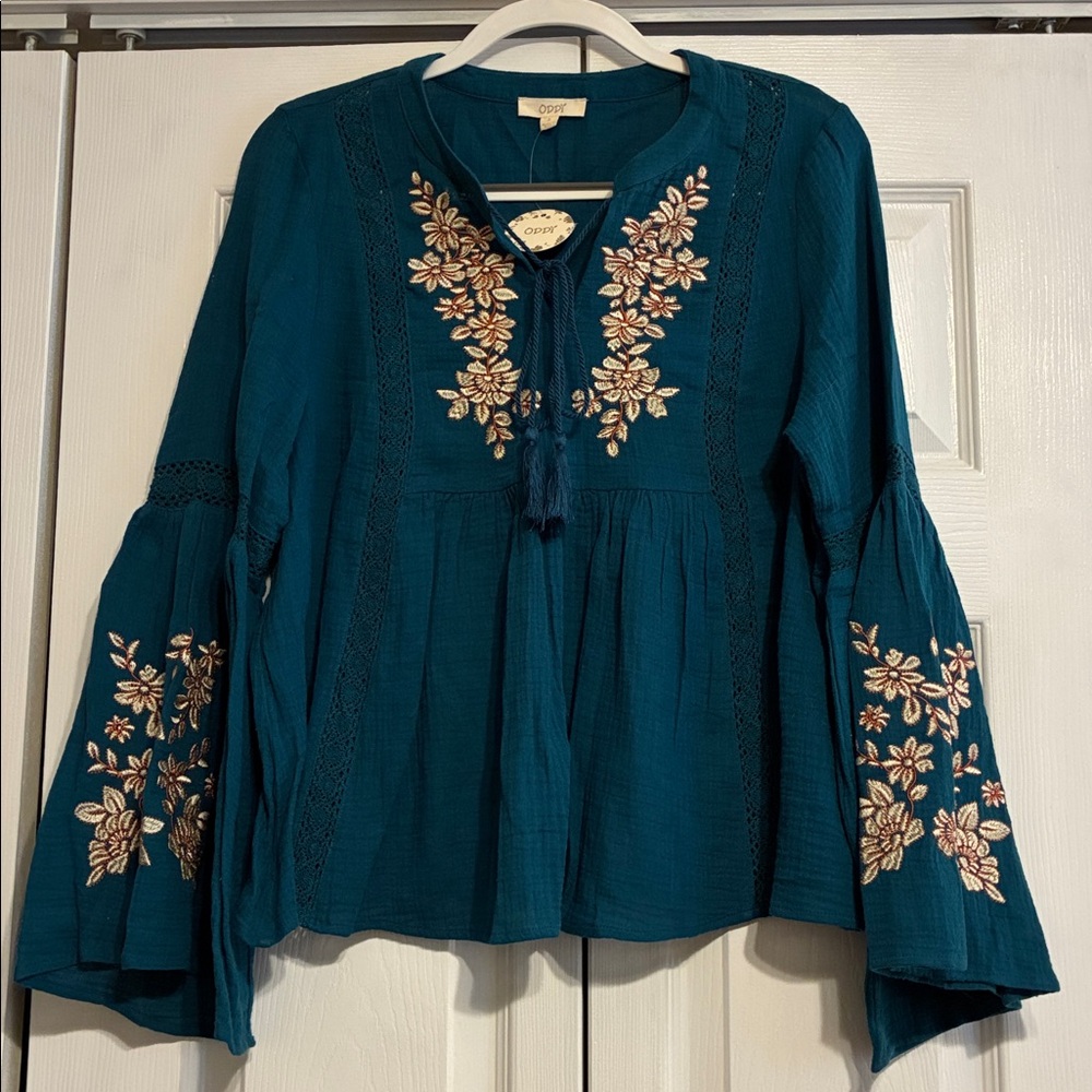 ODDI Teal Cotton Embroidered Blouse Small, Medium